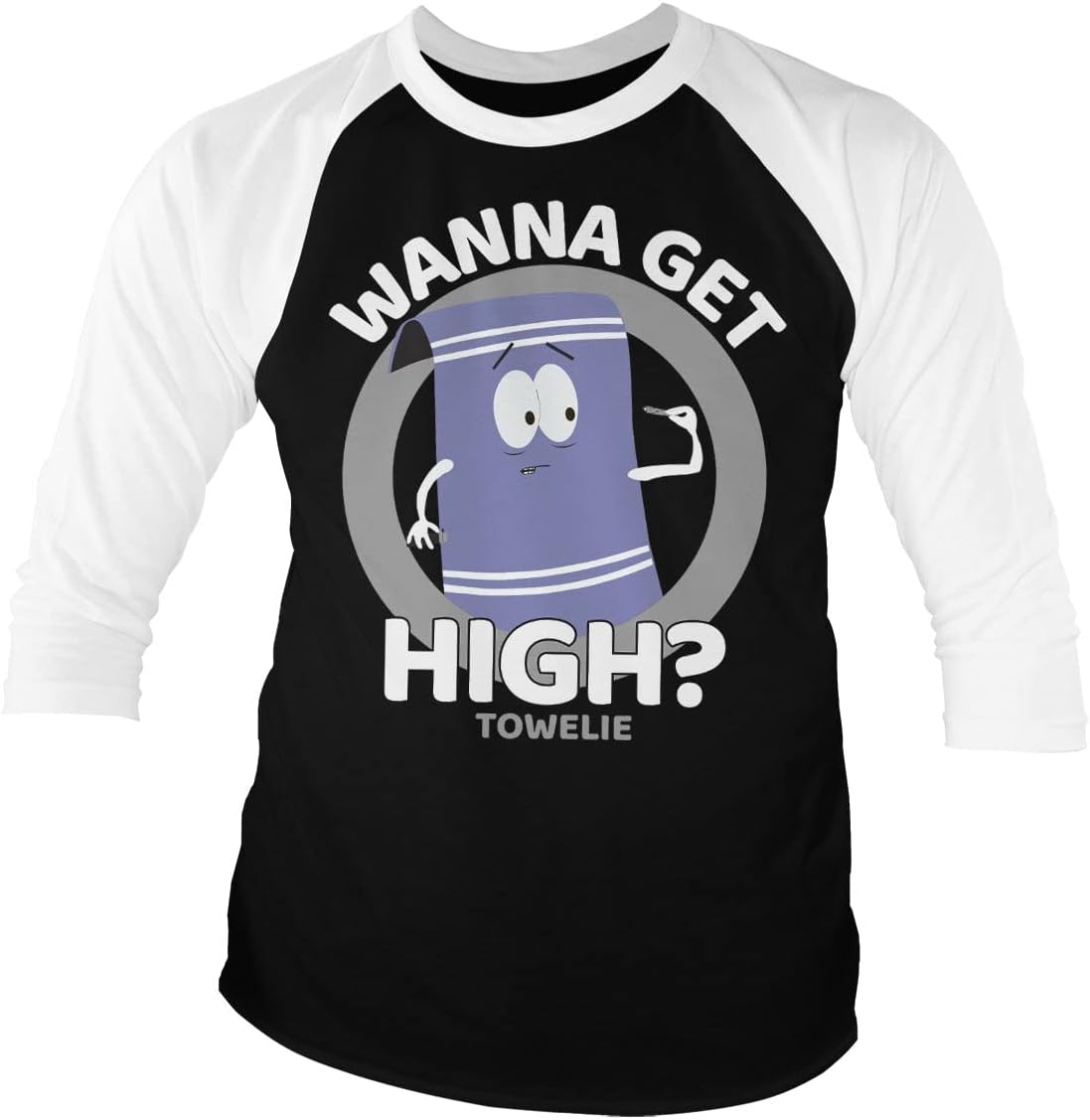 South Park Officially Licensed Towelie - Wanna Get High Baseball 3/4 Sleeve T-Shirt (White-Black)