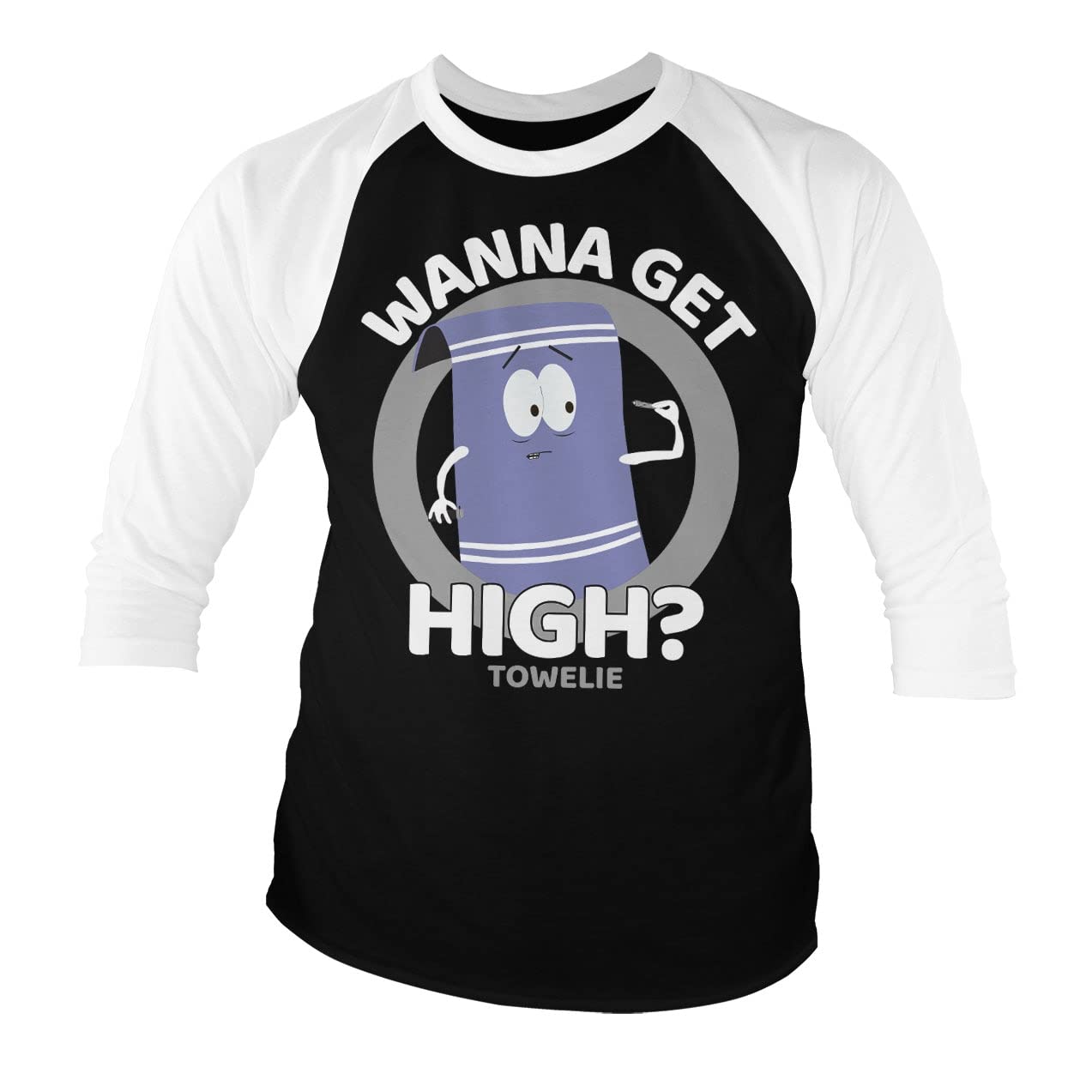 South Park Officially Licensed Towelie - Wanna Get High Baseball 3/4 Sleeve T-Shirt (White-Black), XL