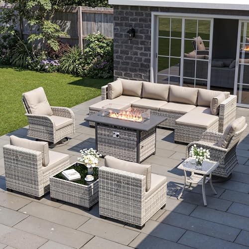 Image of Outdoor PE Wicker Rattan Modular Patio Sectional Sofa Set | 13-Piece: 6 Modular Seats, Coffee Table, 2 Swivel Rocking Chairs, Side Table, 2 Ottomans & 55,000 BTU Fire Pit Table, Khaki