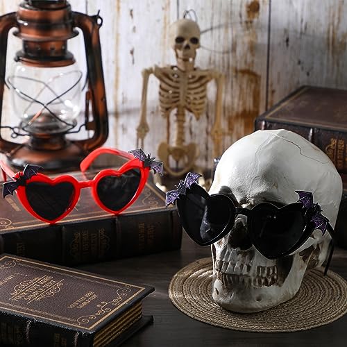 2 Pairs Halloween Heart Shaped Bat Sunglasses Funny Goth Glasses Trendy Vintage Gothic Sunglasses for Women Men Party Accessories Gift, 2 Colors3