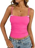 Xiaoliny Camiseta Sin Mangas Mujer Casual Top de Tirantes Finos con Lazos Verano Elegante Camisola Shirt Entallada Cuello Cuadrado Sexy Y2K Tops Corto Básica Elástica Tank Top para Diario Fiesta
