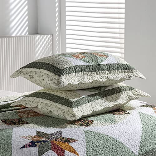 Yayiday Patchwork Bedspread Quilt Set Oversized Queen (Touch Floor Size) - Reversible Breathable Summer Blanket Floral Quilted Coverlet With Pillow Shams, Country Green Rustic Star Pattern Rural #TOP2
