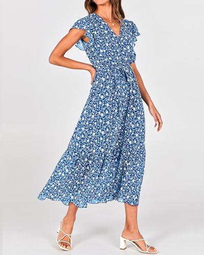 Image of BTFBM Women Summer Bohemian Floral Casual Wrap V Neck Ruffle Cap Sleeveless Belt A-Line Pleated Hem Midi Sun Dress White