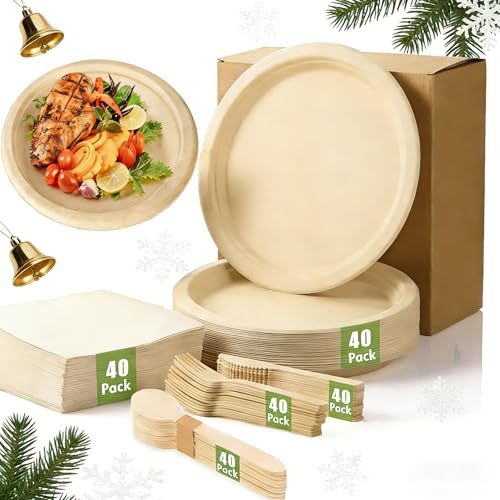 La Mejor Lista de Vajillas desechables del mes. 46 Platos para Fiesta Elegantes para 40 Invitados,Cubiertos para Navideños,Vajilla de 200 piezas,40 Platos Ecológico de 10inch,40 Tenedores,40 Cucharas,40 cuchillos,40 Servilletas