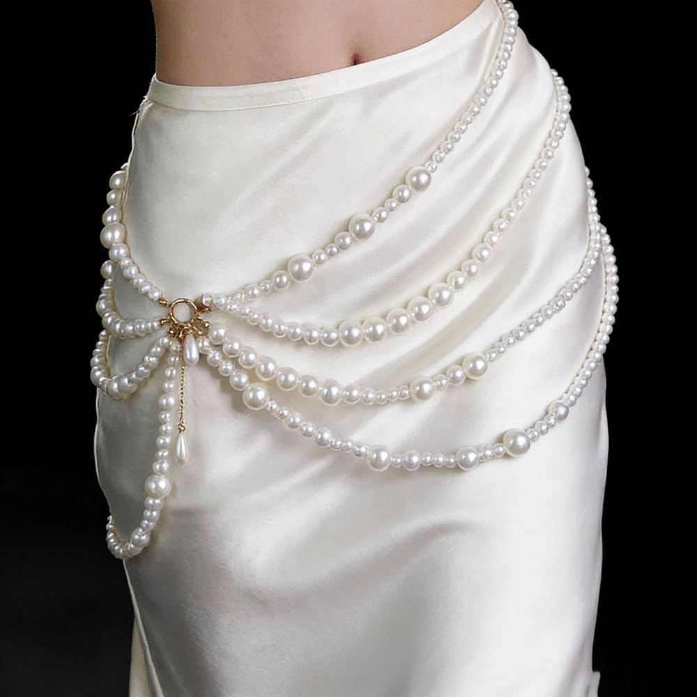 Multi Layered Pearl Waist Chain Belt with Pendant Festive Rave Fashion Beach Body Jewelry Chains for Women White Pearl Tassel Hip Belly Chain Sweater Dresses Belt Party Body Accessories