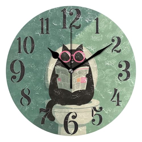 OWFKAY Reloj de pared redondo silencioso sin tictac, decoración del hogar, funciona con pilas, para sala de estar, cocina, dormitorio, gato negro divertido 3