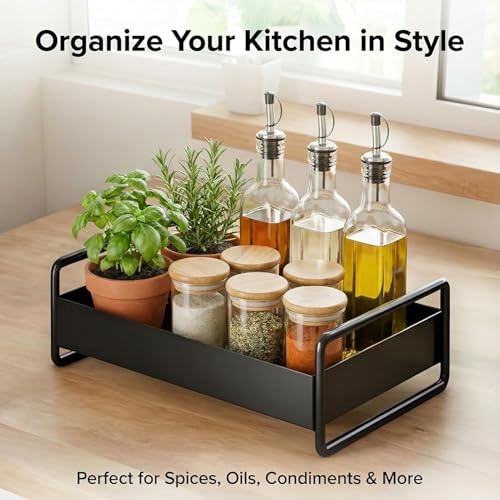 Image of Mate Black Metal Tray Serving Tray - Rectangular Tray with Handles for Kitchen, Dining, Coffee Table & Home Decor - Tea Snacks Breakfast Tray (Z Black)
