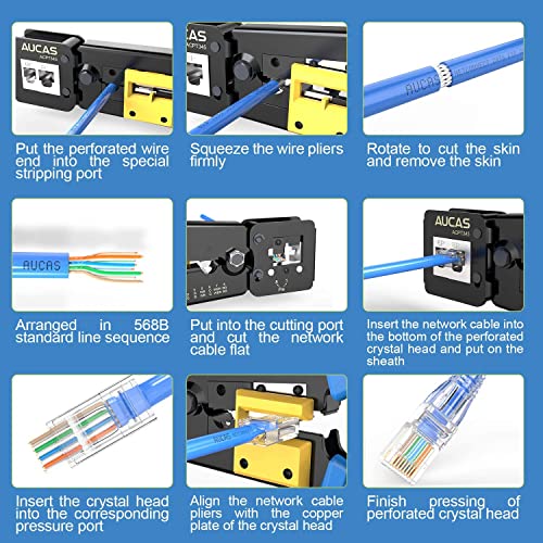 Image of COMTECH Rj45 Passthrough tool kit Cat5 Cat5e Cat6 RJ45 Ethernet network Crimper with 20PCS Cat6 Pass Through Connectors, 20PCS Covers, Cable Tester Wire Stripper Crimping tool set