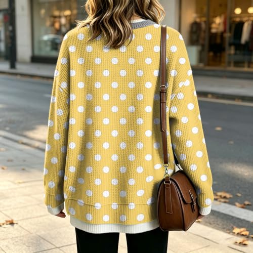 Sweatshirt for Women Crew Neck Waffle Knit Long Sleeve Polka Dot Sweatshirt - image 6