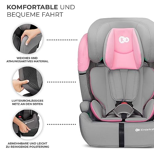 Kinderkraft Kinderautositz COMFORT UP I-SIZE, Autokindersitz, Autositz, Kindersitz, ein Autositz für Kinder von 76-150 cm, 5-Punkt-Sicherheitsgurt, Einstellbare Kopfstütze, ECE R129/03, Rosa