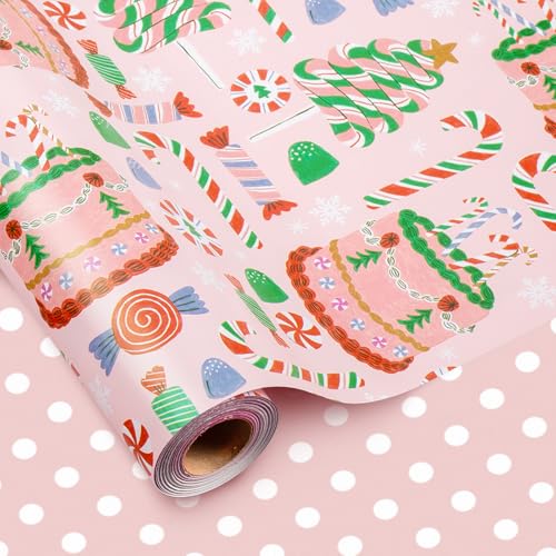 MAYPLUSS Christmas Wrapping Paper Roll - 17 In x 33 Feet - Cute Pink Christmas Candy Cane Cake Reversible Polka Dot Gift Wrap Paper for New Year, Holiday, Kids