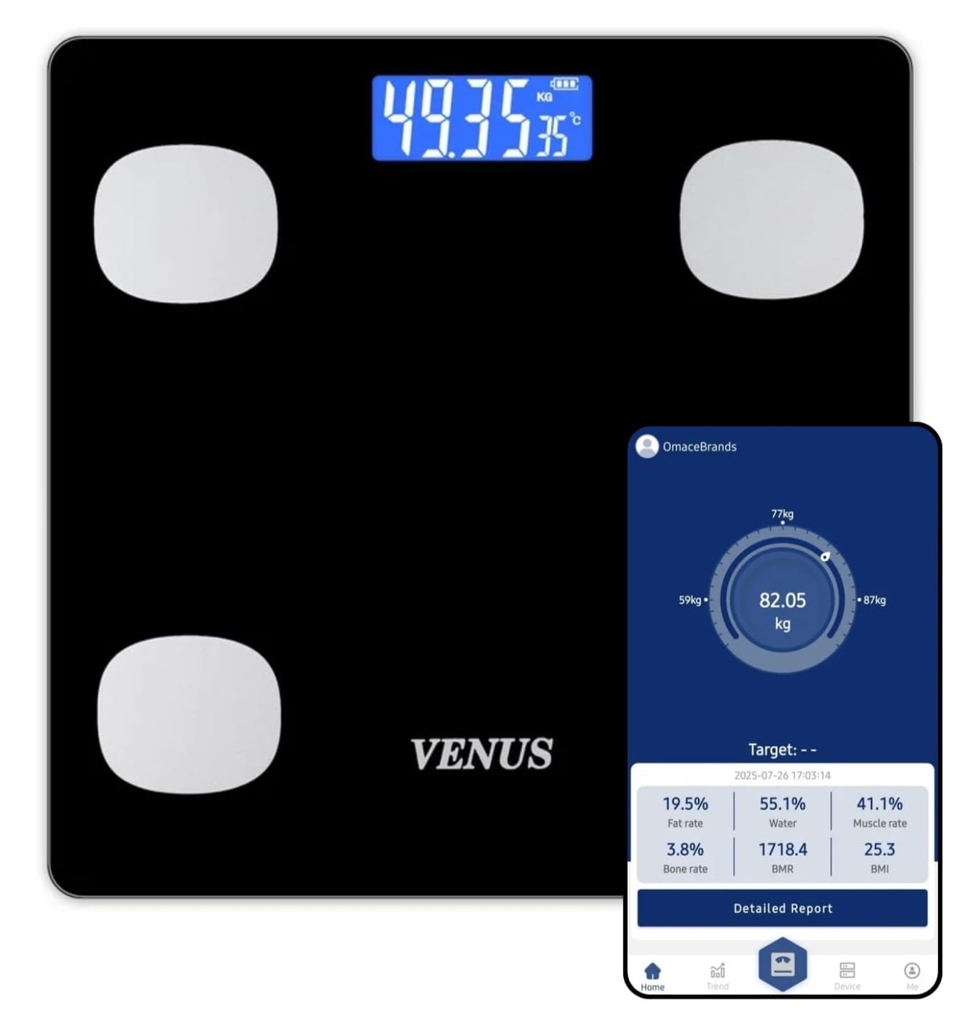 Venus (India) BMI Weight Scale & Body Fat Analyzer with IOS/Android App Sync,25+ Essential Composition Metrics Weighing Machine for Home Health Monitoring (Black)