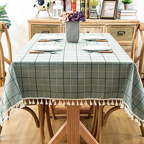 Nappe de table rectangle en polyester vert à glands grille 140x200cm - 3