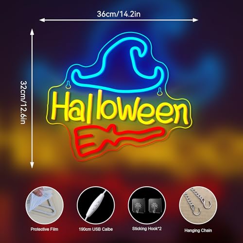 Image of NOSUN Halloween Neon Sign Red Broom Neon Lights with USB Blue Wizard Hat LED Sign Halloween Neon Signs for Wall Decor Neon Light Sign for Bar Party Bedroom Man Cave Children's room