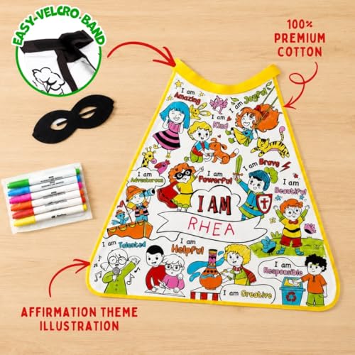 Image of PepPlay Affirmation Cape Coloring Kit - Positive Affirmations Cotton Cape + Eye Mask + 6 Washable Markers | Personalised Confidence Building Pretend Play | Reusable Birthday Gift for Boys Girls Age 4-8