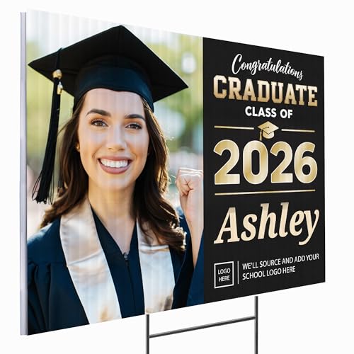 24x18" Custom Graduation Yard Sign, Personalized Class of 2026 Graduation Sign with Photo Print and Text, Single/Double Sided Corrugated Sign for Graduation Decorations, with or w/o Stakes (Design 11)
