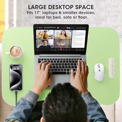 Image of Folding Lap Desk, 23.6 Inch Wood Laptop Bed Desk with Cup Holder, Portable Bed Table for Working Writing Reading & Eating for Bed, Sofa, Couch, Floor - Green