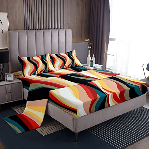 Loussiesd Green Gery Blue Stripe Sheet Set Geometric Swirl Line Sheets with Deep Pocket Fitted Sheet Retro Stripes Geometry Bed Sheets Set Geometric Trendy Style Bedding Set Room Decor Bed Set Single