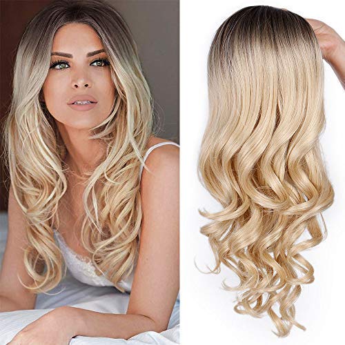 Stamped Glorious Long Wavy Blonde Medium Length Wig Synthetic Ombre Blonde Wigs Long Wavy Middle Part Full Wigs Cosplay Wig Blonde for Black Women