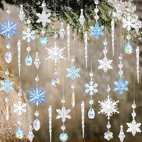 32 Stück Acryl Eiszapfen Schneeflocke Eistropfen Anhänger,Weihnachtsbaum Kristall Dekorationen,Weihnachtenbaum ,Weihnachtsbaumschmuck,Kristallschneeflocke für die Weihnachtsbaumparty