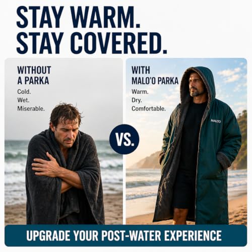 Image of Malo'o Adult Sherpa Lined Surf Parka Changing Robe, Waterproof & Windproof Swim Parka, Long Sleeve Hooded Dry Robe