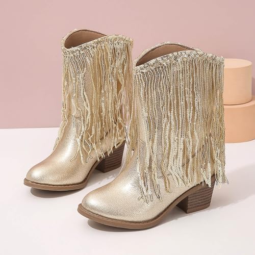 Kids Gold Cowboy Boots for Girls Sparkly Sequins Tassel Leather Western Cowgirl Boots Casual Mid Calf Riding Shoes4