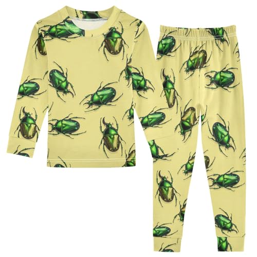 Pajama Sets Long Sleeve Green Beetles Yellow Background Soft Comfy Sleepwear 2 Piece PJS 3-8T