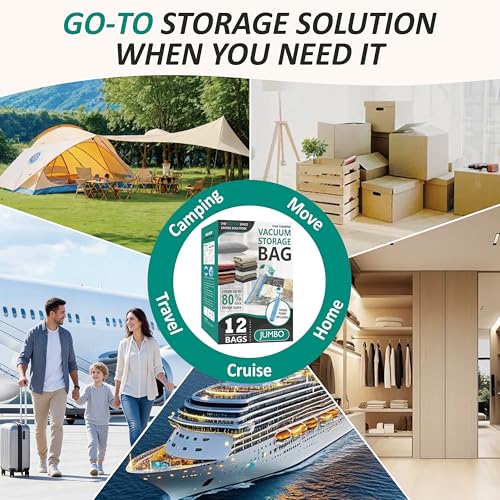Image of Cozy Essential Vacuum Storage Bags, 80% Compression Vacuum Seal Space Saver Plastic Packaging Bags for Clothes, Blankets, Pillow, Bedding, Comforters, Sealer Clothing Storage,12 Jumbo