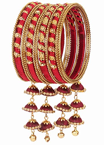 Image of NMII Metal & Silk Thread Jhumka Zircon Latkan Stylish Bangles Set For Women's and Girls | Women's Fancy Latkan Bangles Set | Ethnic Fashion Jewellery- Set of 12 Bangle, (G405 Marron-2.8(2.8))