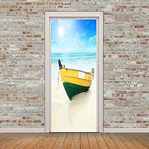 JFEDMN Wallpaper Seaside Boat Blue Seascape 3D Door Wall Mural Door Stickers Self Adhesive Waterproof PVC for Bedrooms Interior Doors, Home Decoration Wall Photo Art Murals 82X200Cm Cover