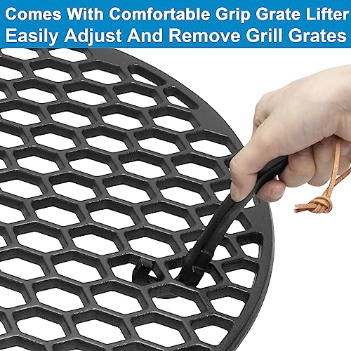 Image of SafBbcue 18 3 /16 inch Cast Iron Grate & Grate Lifter for Large Big Green Egg,Vision Grill B-11N1A1-Y2A VGKSS-CC2 C4F1F1SB,Kamado Joe KJ-23RHC Classic II,Outdoor Gourmet FSOGBG2106 Grills Replacement Parts