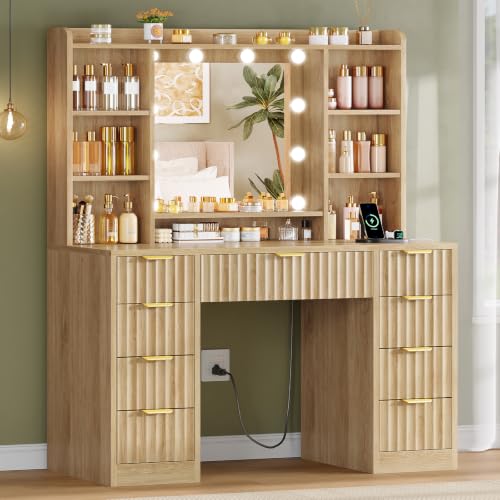 Image of FIONESO Fluted Vanity Desk with Mirror and Lights, Power Outlet, Makeup Vanity with 9 Drawers & 6 Open Storage Shelves, 3 Lighting Modes Brightness Adjustable, Natural Oak