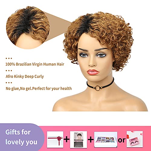 Quantum Love Human Hair Wigs Curly Wave Side Part Wig Short Bob Pixie Cut Brazilian Remy Human Hair Deep Curly None Lace Front Wigs For Women Ombre Black Brown Color #TOP3