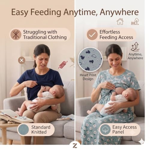 Image of Zero Clothing Feeding Dress for New Moms Casual Loungewear Ankle Length | Cotton Maternity Nighty | Zipless Feeding Dresses for Women | Pregnancy & Nursing Wear