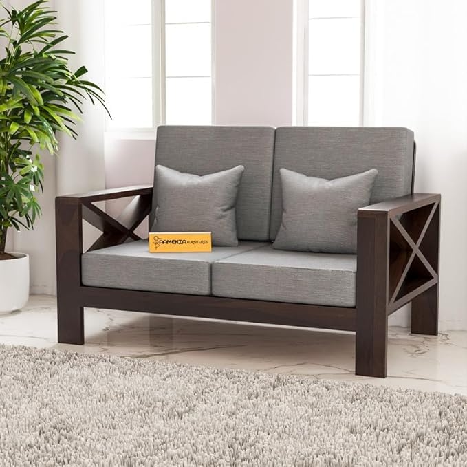 Image of Sheesham Wooden 2 Seater Sofa for Living Room | Rosewood 2 Seater Cushion Sofa X-Legs | Solid Wood Sofa Set for Lounge (2 Seater,Walnut Finish)