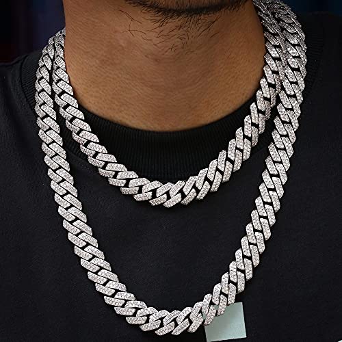 Tripod Jewelry 15Mm Diamond Prong Full Iced Out Cuban Link Chain/Bracelet - Hip Hop 18K Gold/White Gold Plated Miami Cuban Chain Diamond Prong Link Choker Gold Chain For Men (White Gold - 15Mm, 22.00) #TOP2