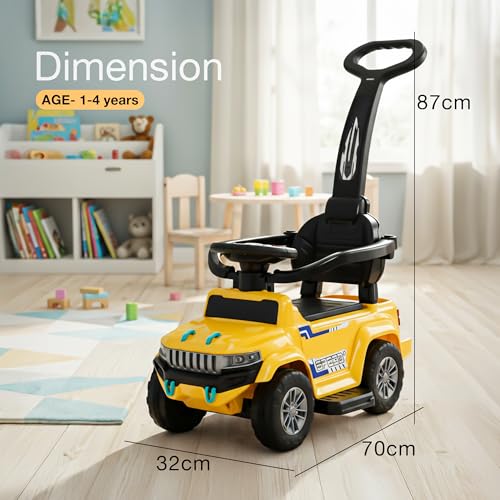 Image of Baybee Speedy Pro Ride on Cars for Kids | Portable Baby Push Rideons with Parental Handle & Safety Guardrail | Kids Car with LED Lights, Music & Backrest | Ride on Car for Baby 1-3 Years (Yellow)