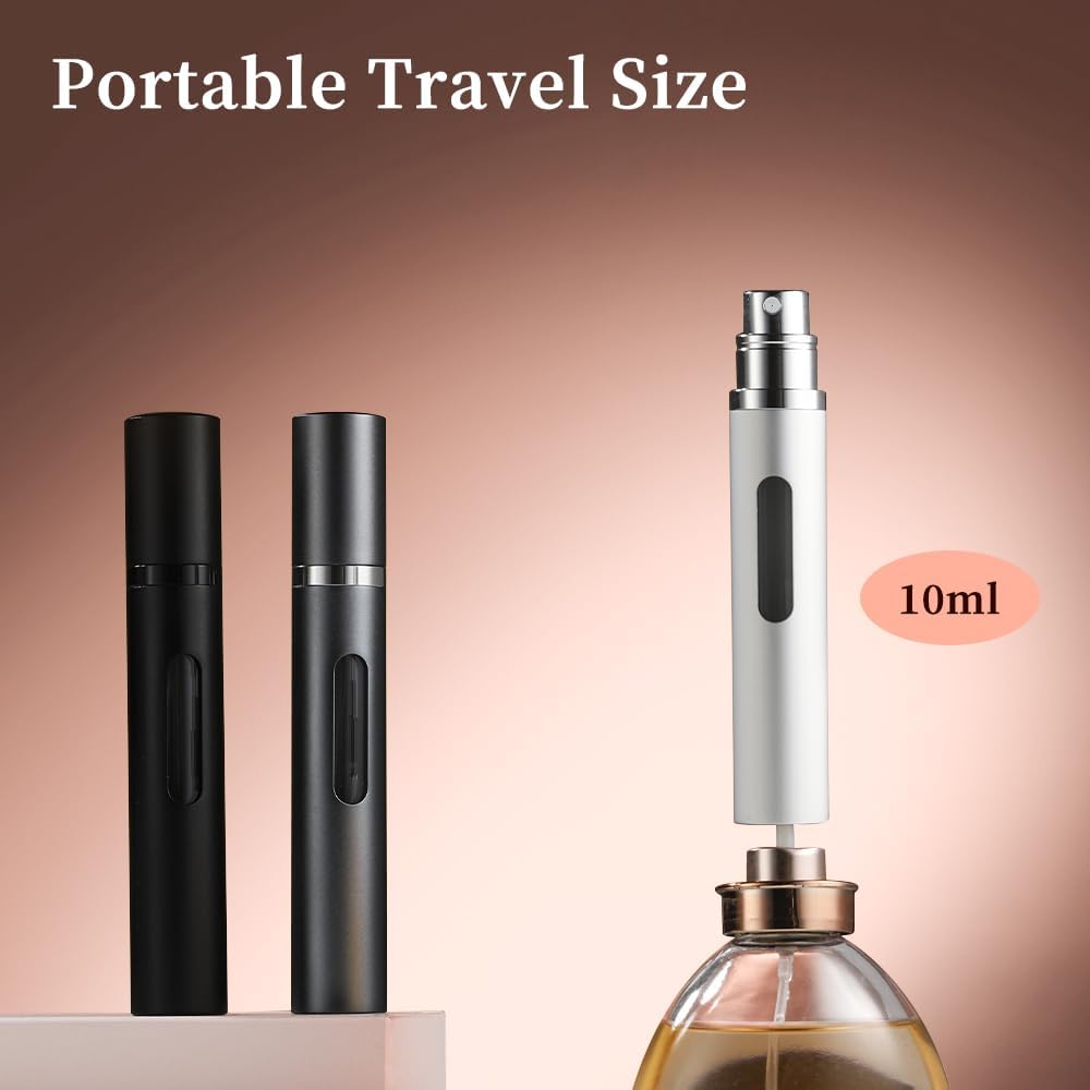 10ml 3pcs Perfume Travel Refillable Bottle,Perfume Atomizer Travel Refillable, Bottom-Filling Fragrances Perfumes Bottle,Mini Cologne Dispenser,Portable Sprayer（Black-Grey-Silver）