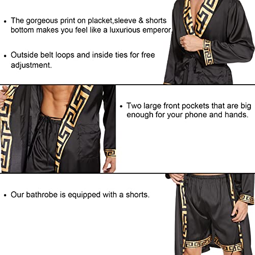 N&D Eyong Men's Luxurious Silk Bathrobes Long Sleeve Satin Kimono Robe With Shorts Sleepwear Set Printed Bathrobes (3X-Large) #TOP5