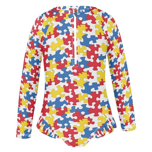 Jigsaw Puzzle Girls Long Sleeve Rashguard Swimsuit UV Protection One-Piece Swimwear Bathing Suit B04034912