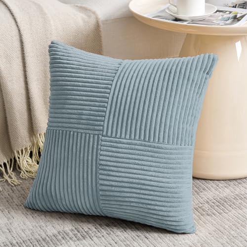 Image of Fancy Homi Set of 2 Light Blue Samll Decorative Throw Pillow Covers 12x12 Inch with for Couch Bed Sofa Living Room, Soft Cross Patchwork Striped Corduroy Coastal Blue Square Cushion Case 30 cm