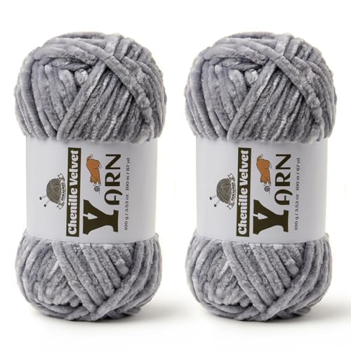 Image of 2 Pack Plush Chenille Chunky Yarn - Fluffy Velvet Yarns Crochet for Blanket Knitting and Crocheting - Soft Baby Yarn for Crocheting - Amigurumi Crochet Yarns 100g (87yds) (2 Light Gray)
