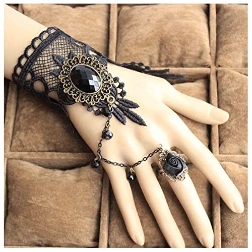 Yheakne Vintage Black Crystal Finger Bracelet Black Lace Bracelet with Ring Wrist Bracelet Punk Layered Slave Bracelet Retro Black Hand Chain Jewelry for Women and Girls (Lace A)
