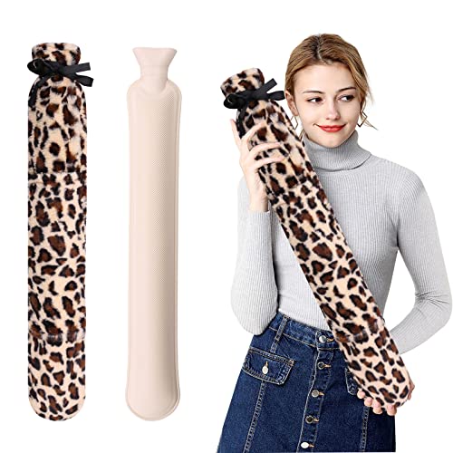 Cyiecw Lange Wärmflasche mit Weichem Bezug, 2L Gummi Schlauchwärmflasche für Nacken und Schulter, Rücken, Beine, Leopardendruck, 72×12cm