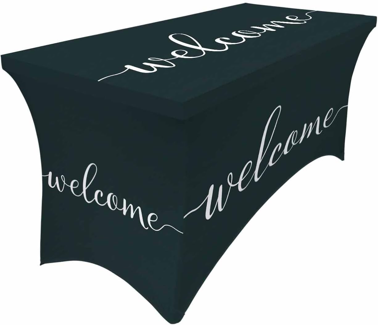 Spandex Table Cloth for 6FT, Welcome Black Fitted Table Cover Wrinkle Resistant Rectangular Stretch Table Cloths for Event, Wedding, Banquet, Parties