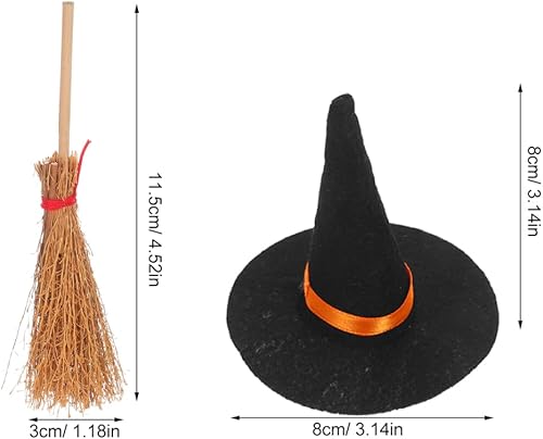 Miniatura 4 de IMIKEYA Mini escoba de sombrero de bruja 12 sombreros de bruja pequeños en miniatura, manualidades, sombreros de bruja y escobas para Halloween,