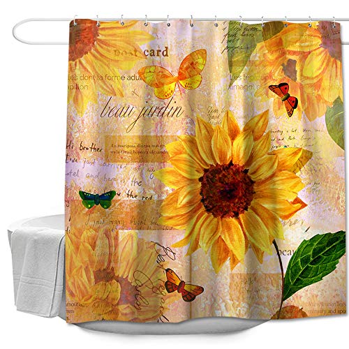 Colorful Star Yellow Sunflowers & Butterfly Design Shower Curtain Set Polyester Fabric Waterproof Small Bathroom Curtain with Hooks Small Decorative Curtain for Dorms 60" W x 72" L