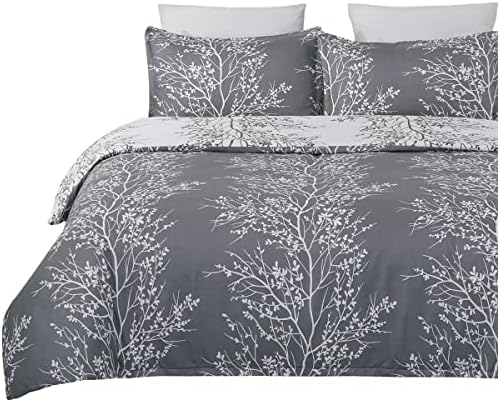 Vaulia Soft Microfiber Floral Duvet Cover Set, Modern Bedding Set, Branches Pattern White/ Grey Color Reversible Design 3-Piece ( 1 King Duvet Cover 2 Pillow Shams )