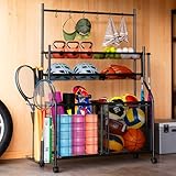 Insdiy Large Sports Organizer for Garage, Ball Storage Rack Garage Sports Equipment Organizer with Side Racks, Baskets, Hooks, Multi-Purpose Golf Gear Storage for Gym Indoor Outdoor