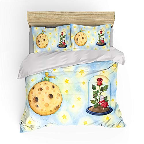NICHIYOBI Le Petit Prince Parure de lit 3 pièces avec housse de couette et taie d'oreiller, microfibre, impression numérique 3D (10,140 x 210 cm)